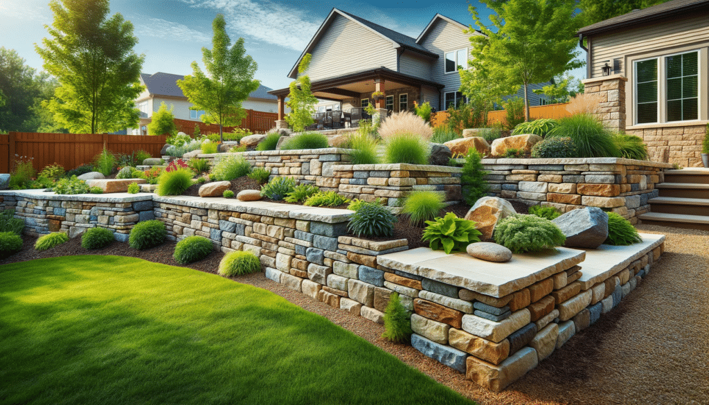 Rustic stone retaining wall with irregular grey and brown stones, nestled among greenery.
