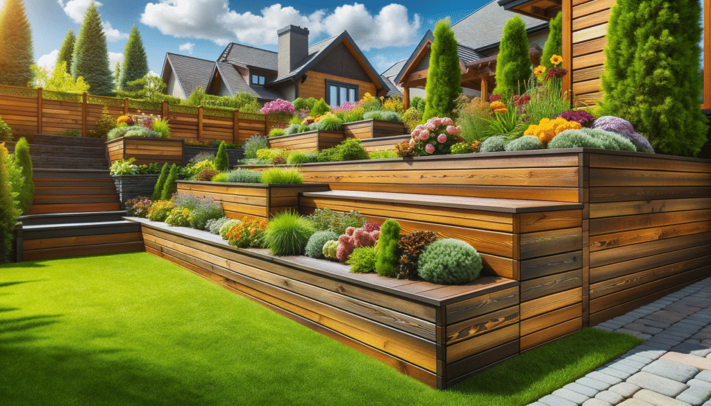 Horizontal wooden planks form a sturdy retaining wall, blending with lush greenery.