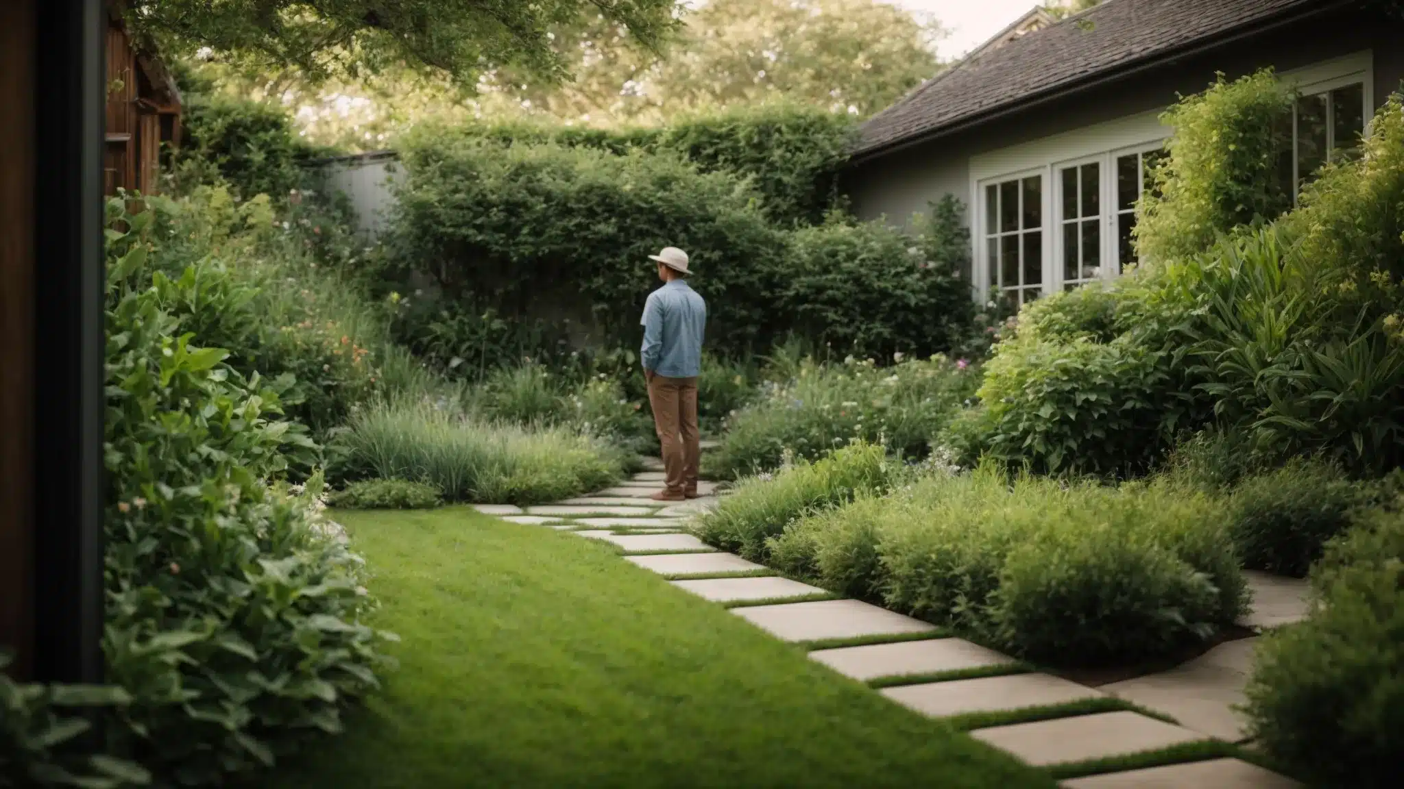 a homeowner thoughtfully evaluating a garden space, considering various paths through lush greenery.