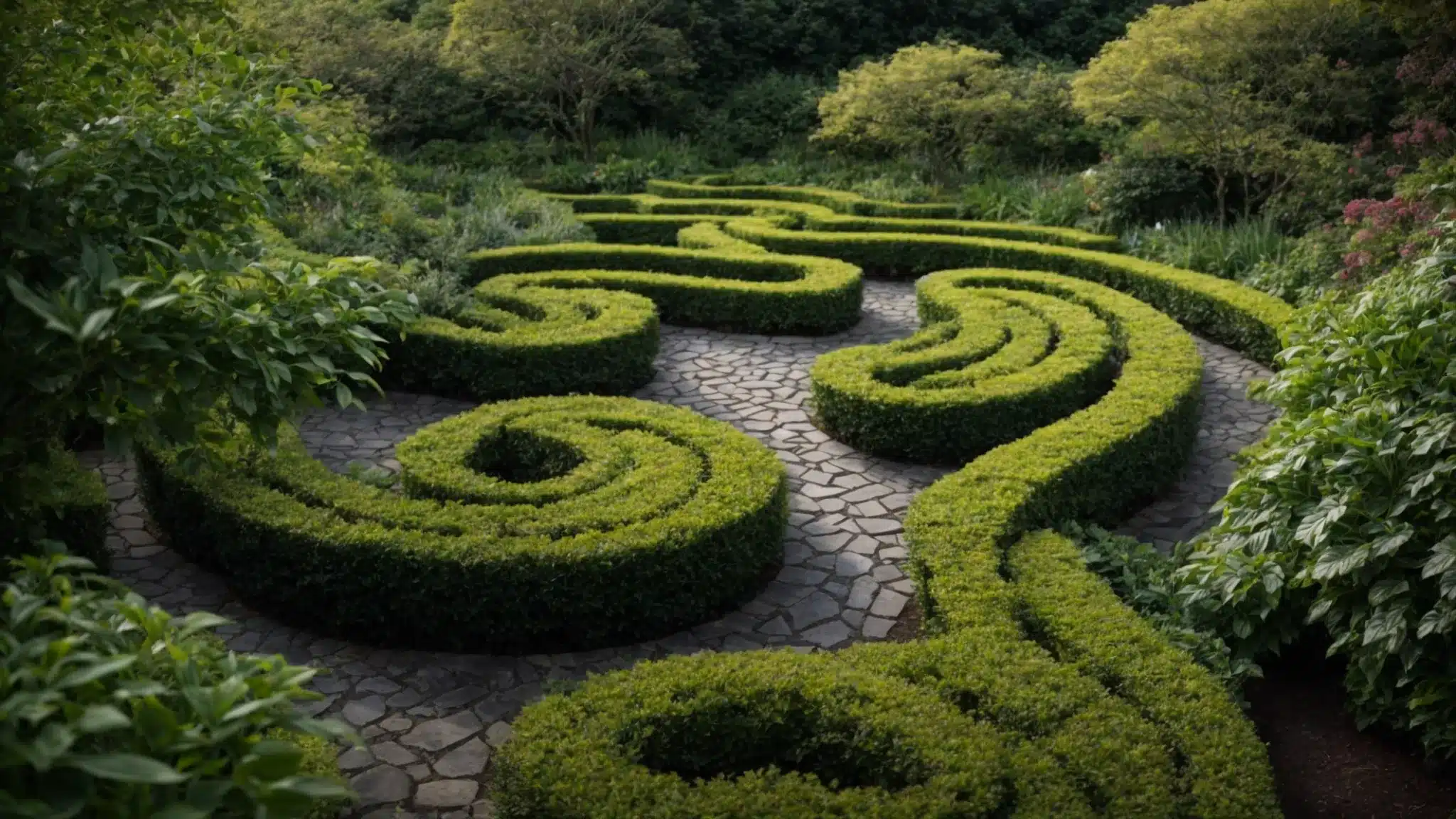 a winding stone paver walkway meanders through a lush garden, inviting exploration.