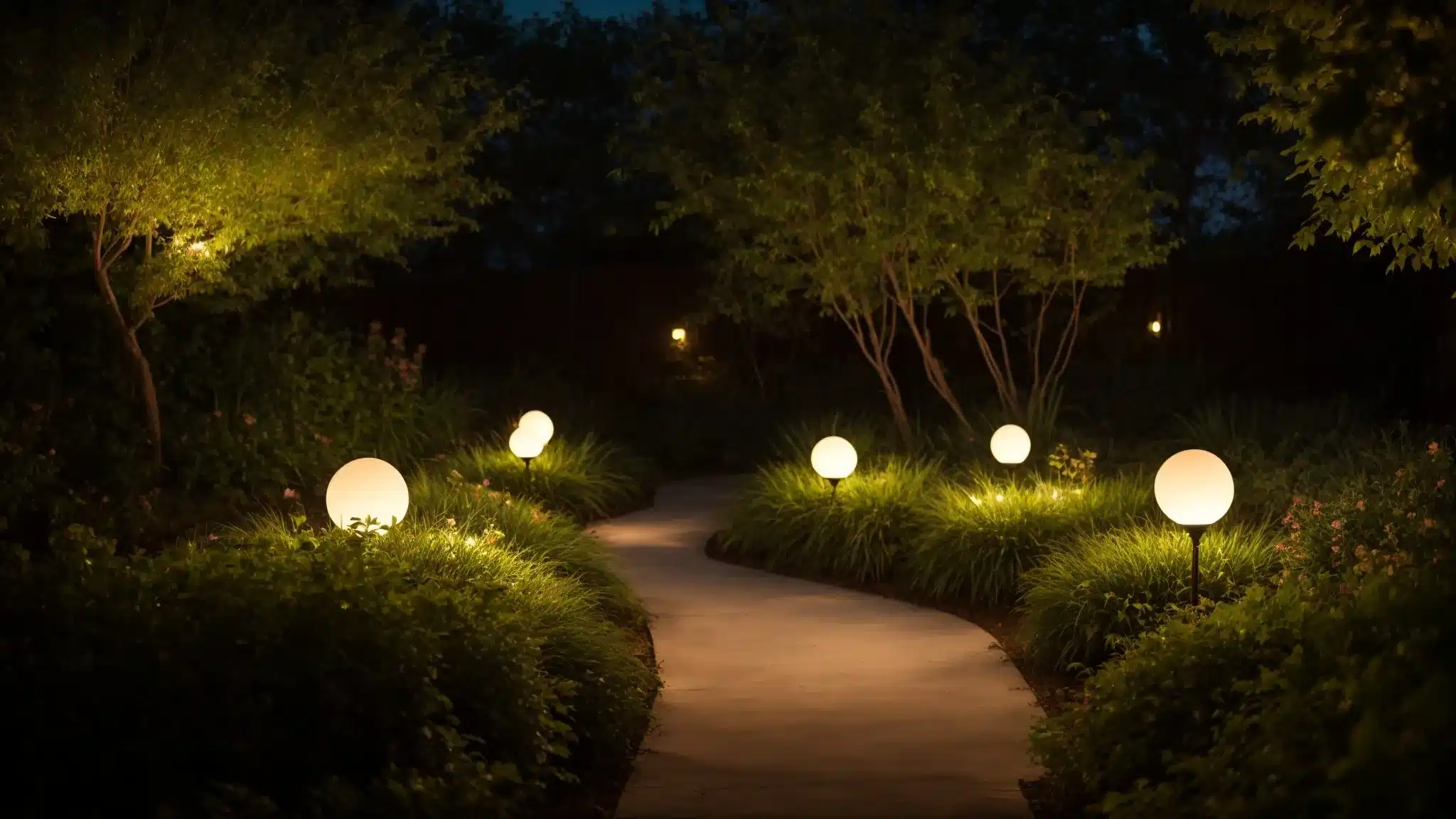 glowing orb lights scattered across a twilight garden, softly illuminating a pathway bordered by lush greenery.