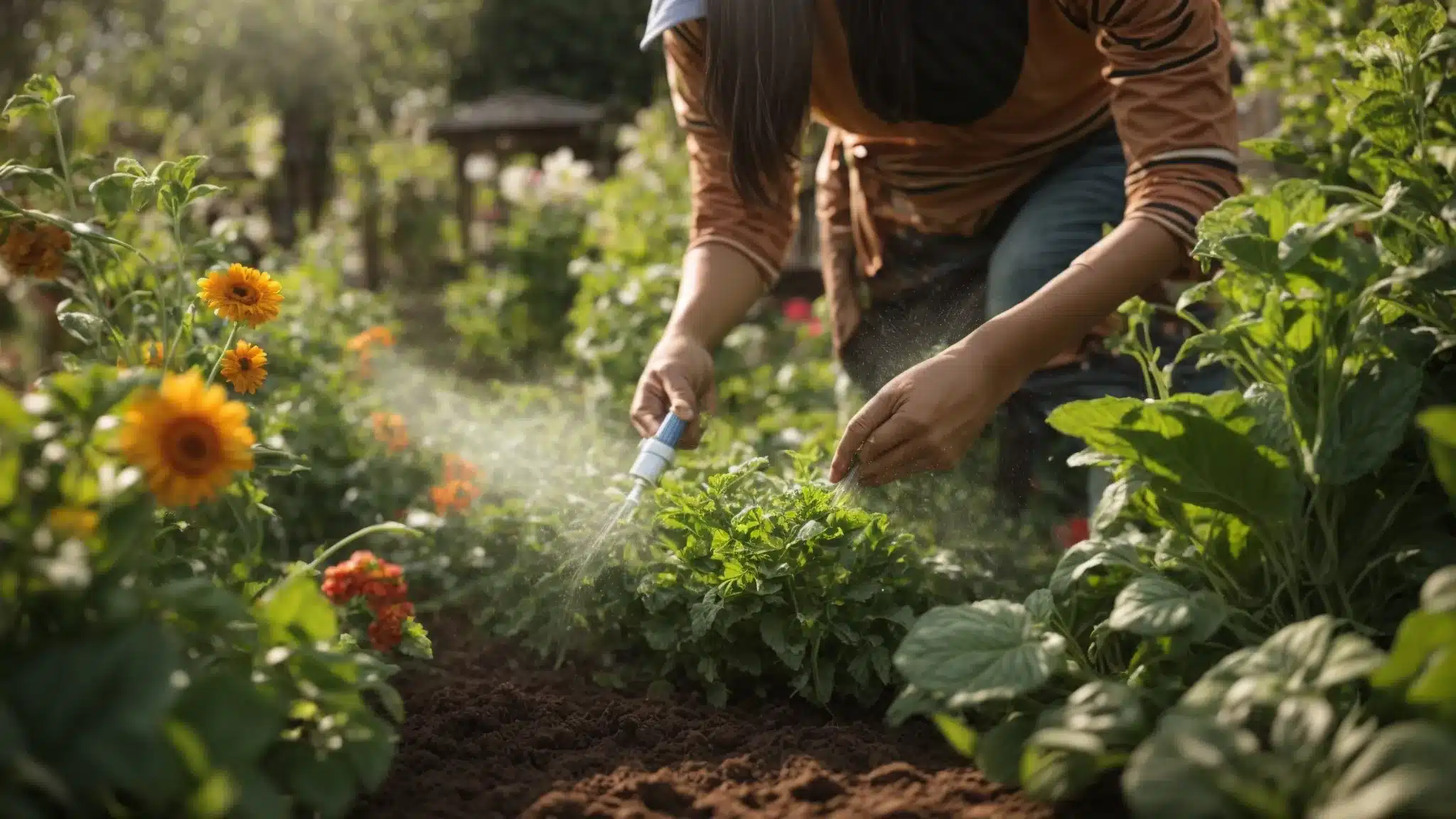 a gardener sprinkles natural, homemade pesticide on vegetable plants in a sunny, lush garden.