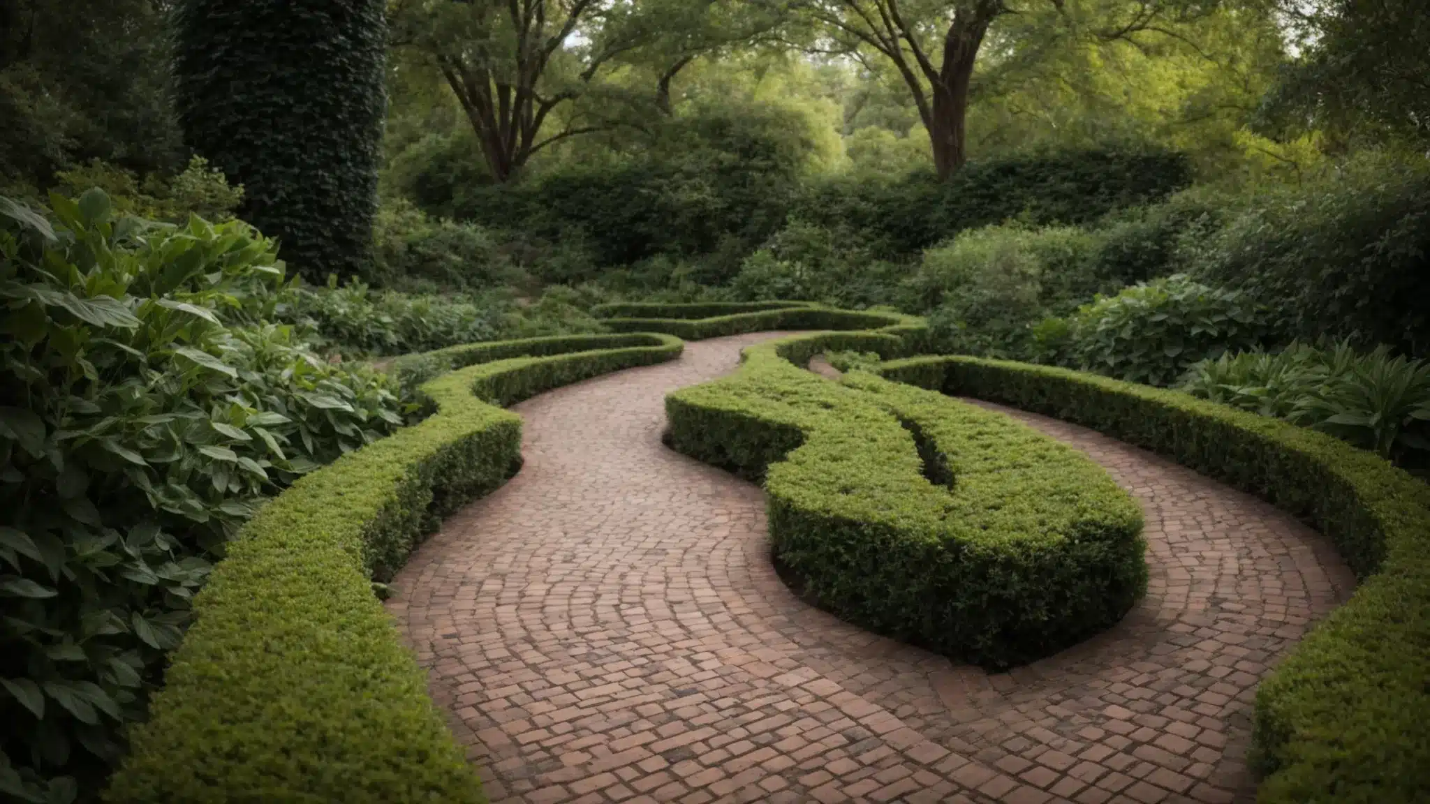 a winding brick pathway leads through a lush garden, showcasing a variety of intricate laying patterns.
