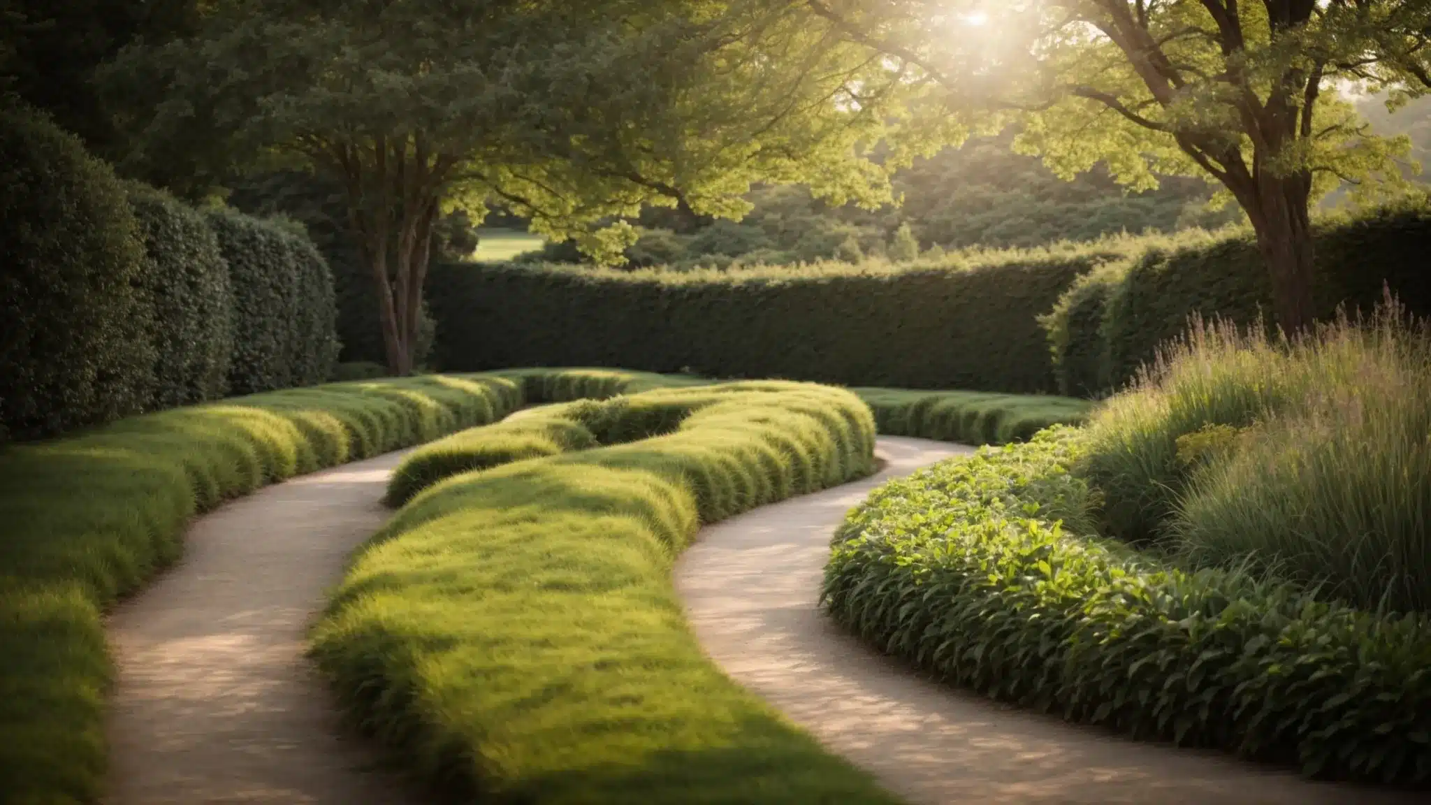 a winding path splits into two, one side lush with green grass and the other laden with light grey gravel, curving gently through a sunlit garden.