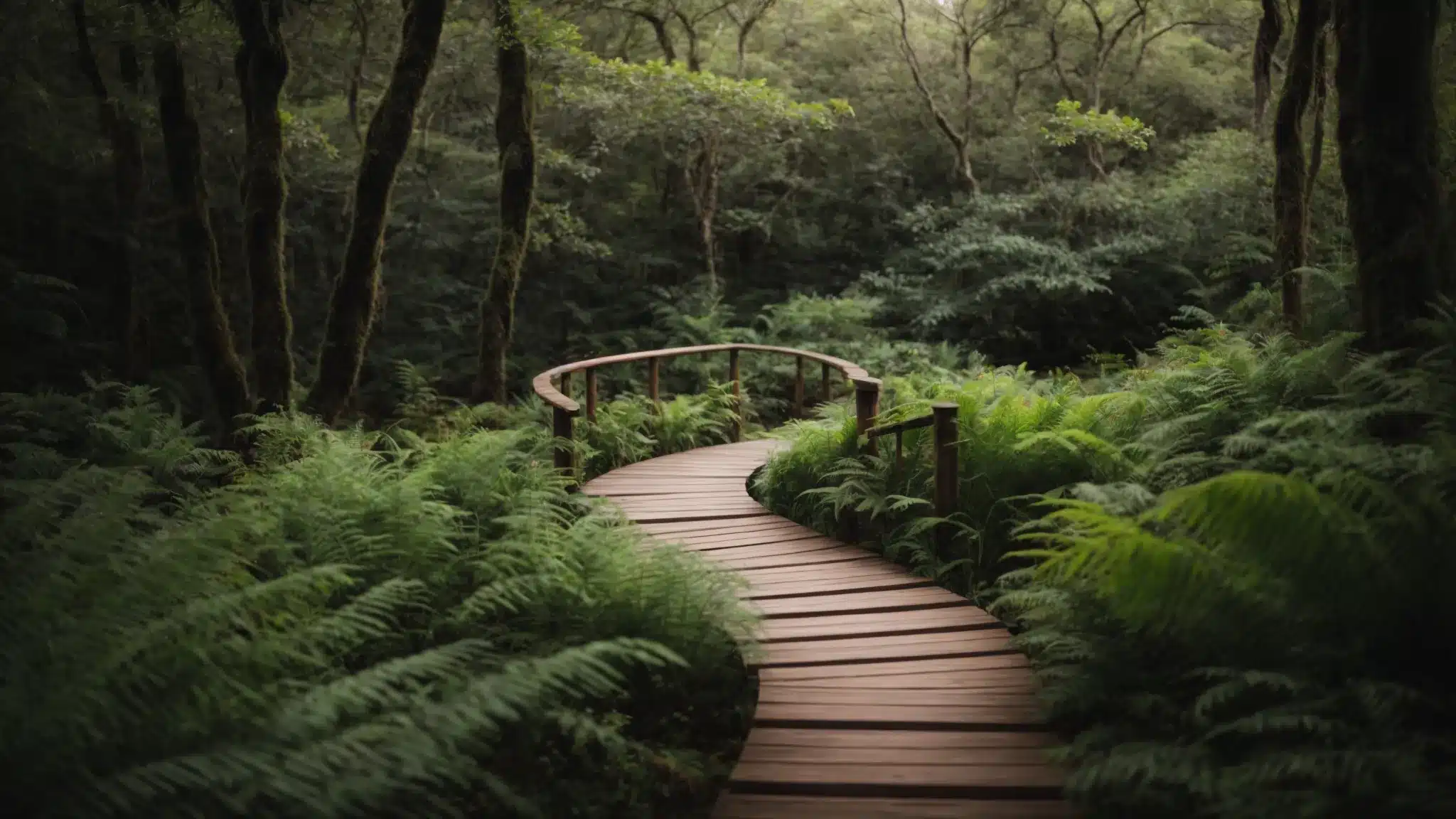 a winding wooden walkway meanders through a lush forest, inviting exploration.