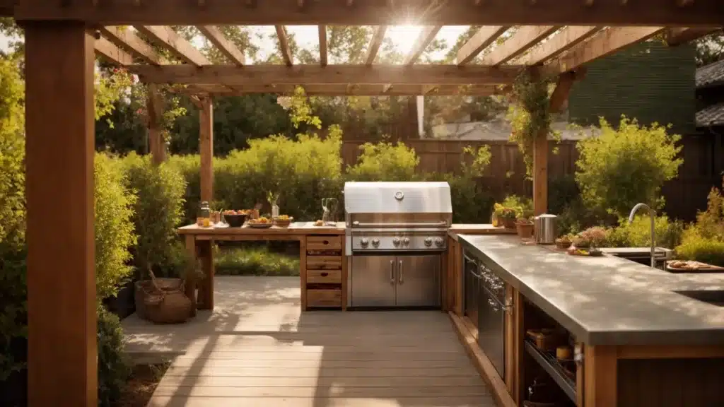 a quaint outdoor kitchen tucked into a sunlit corner, featuring a compact grill and space-saving shelving nestled under a pergola.