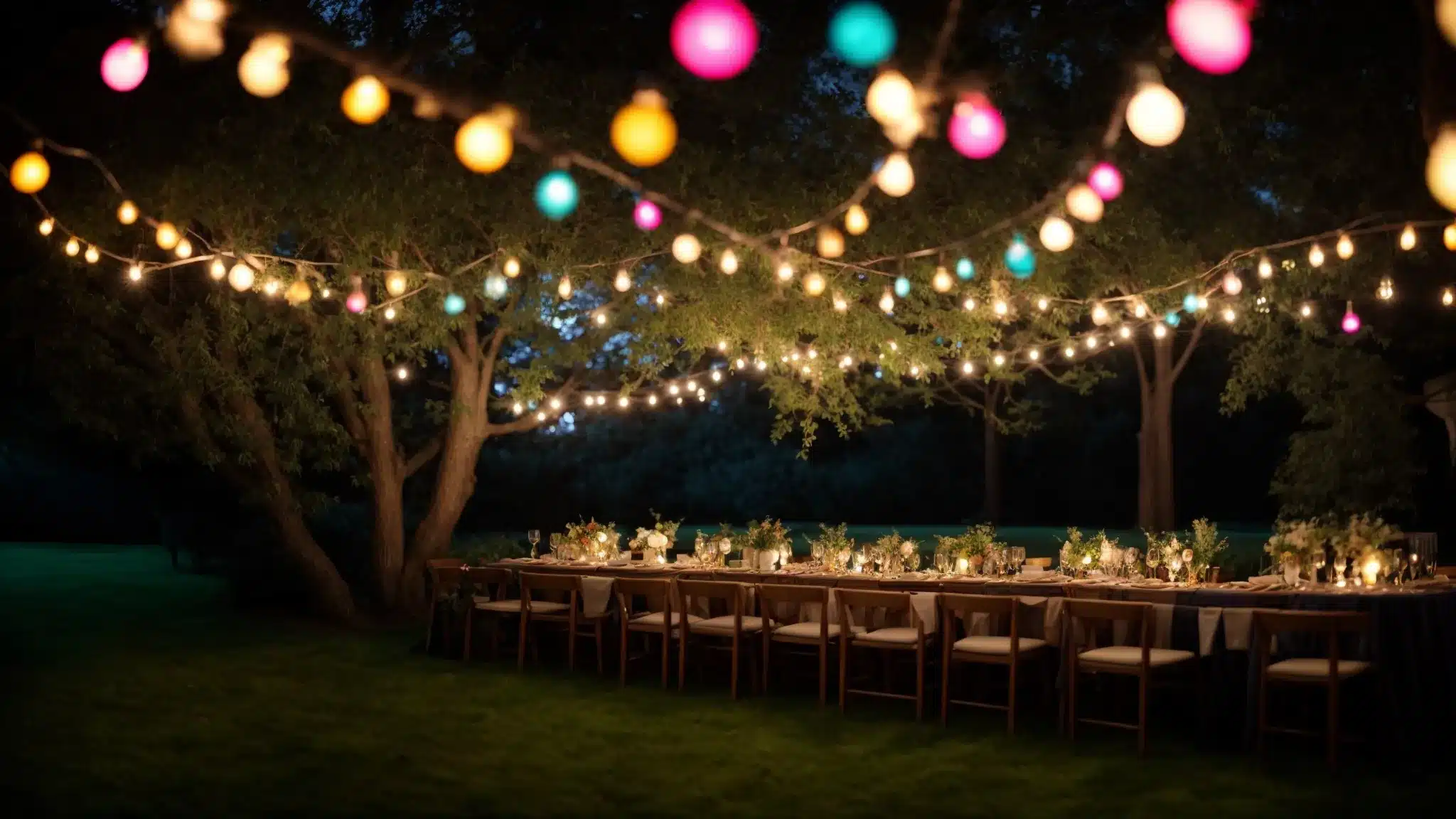 colorful bulb lights intertwine with tree branches above a garden party, casting a cheerful glow onto guests.