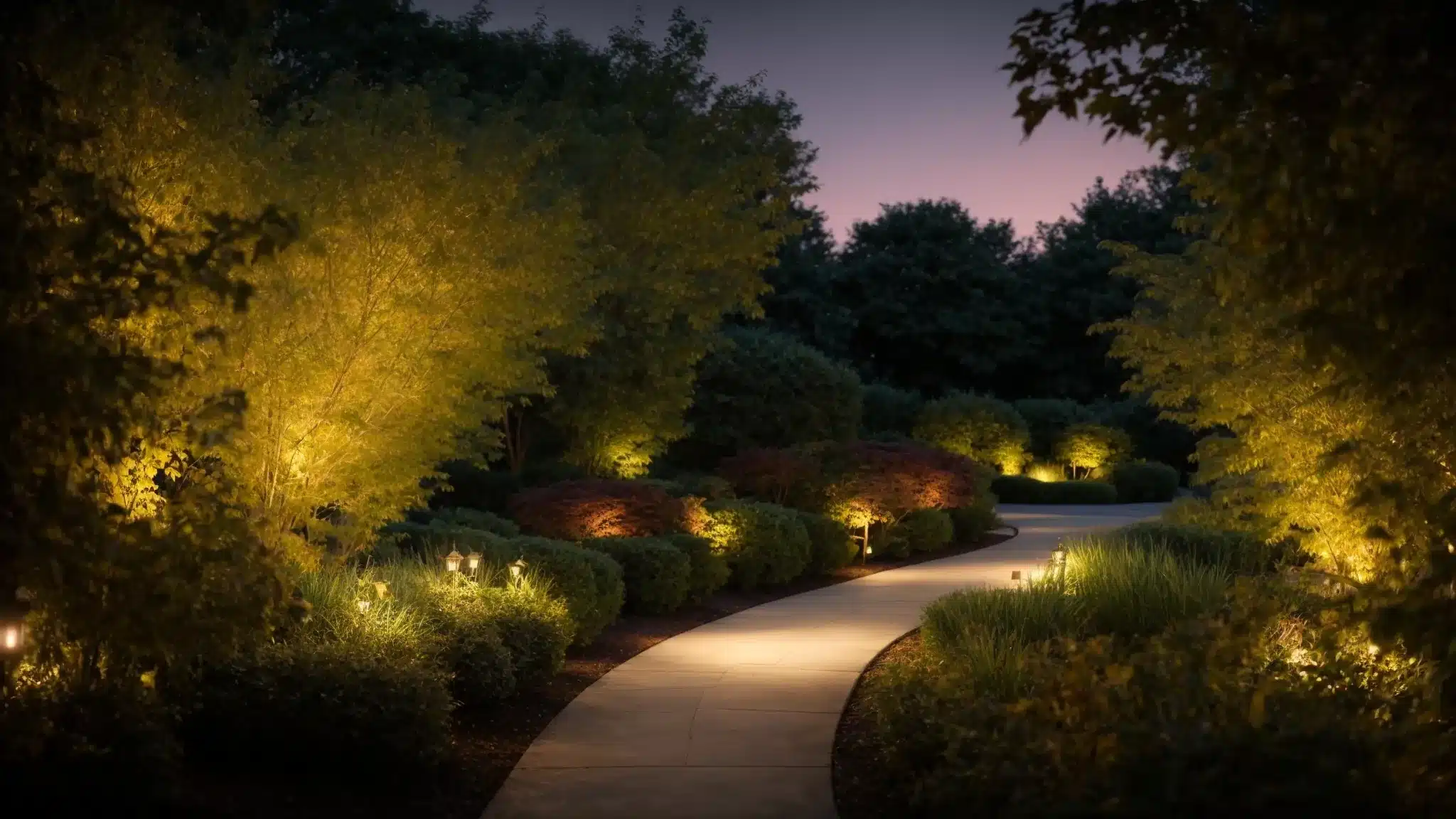soft lights glow along a curving garden path, casting a tranquil illumination on the surrounding foliage under a twilight sky.
