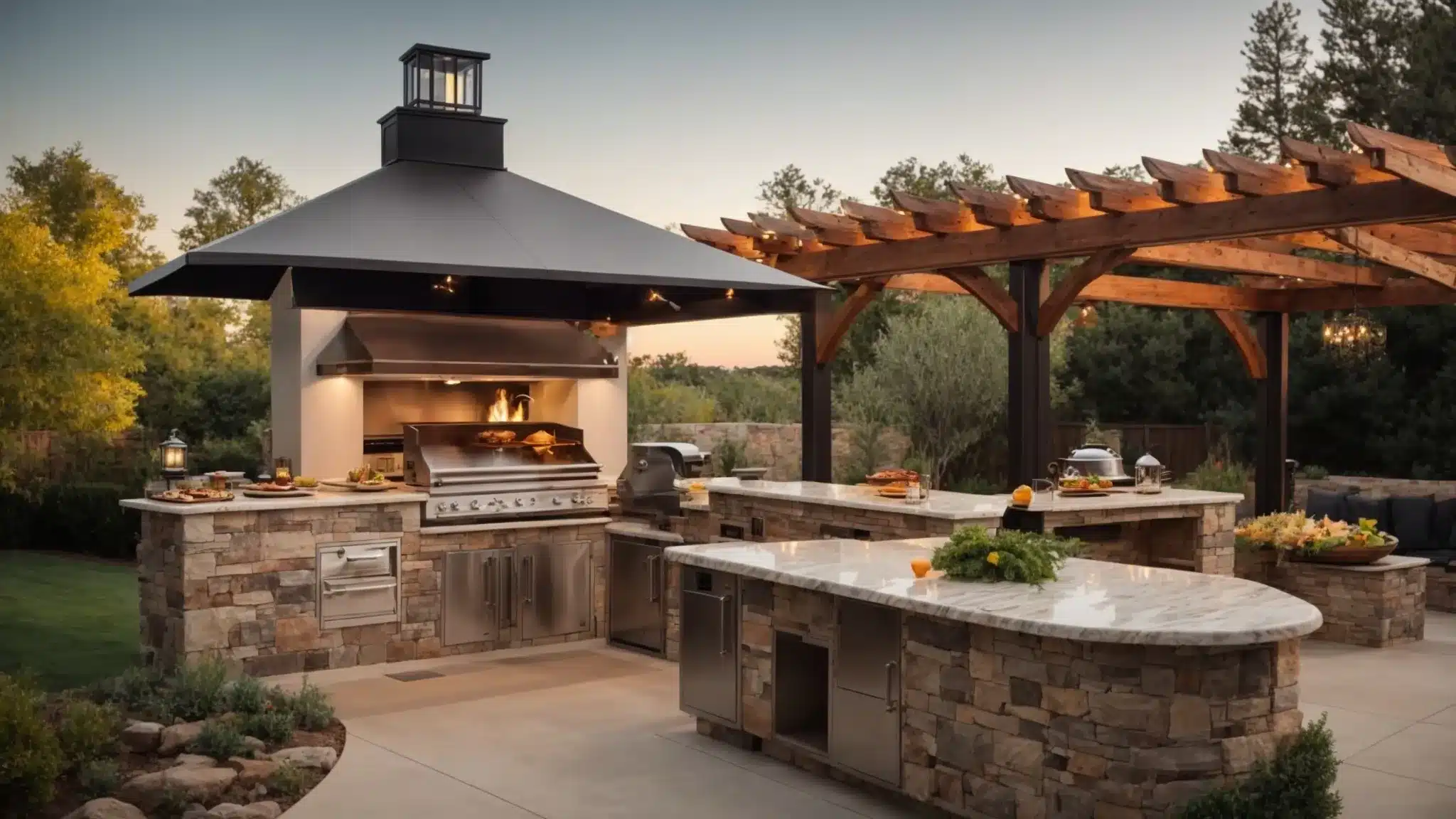 a luxurious outdoor kitchen complete with a state-of-the-art grill, marble countertops, and a wood-fired pizza oven nestled in a landscaped backyard.