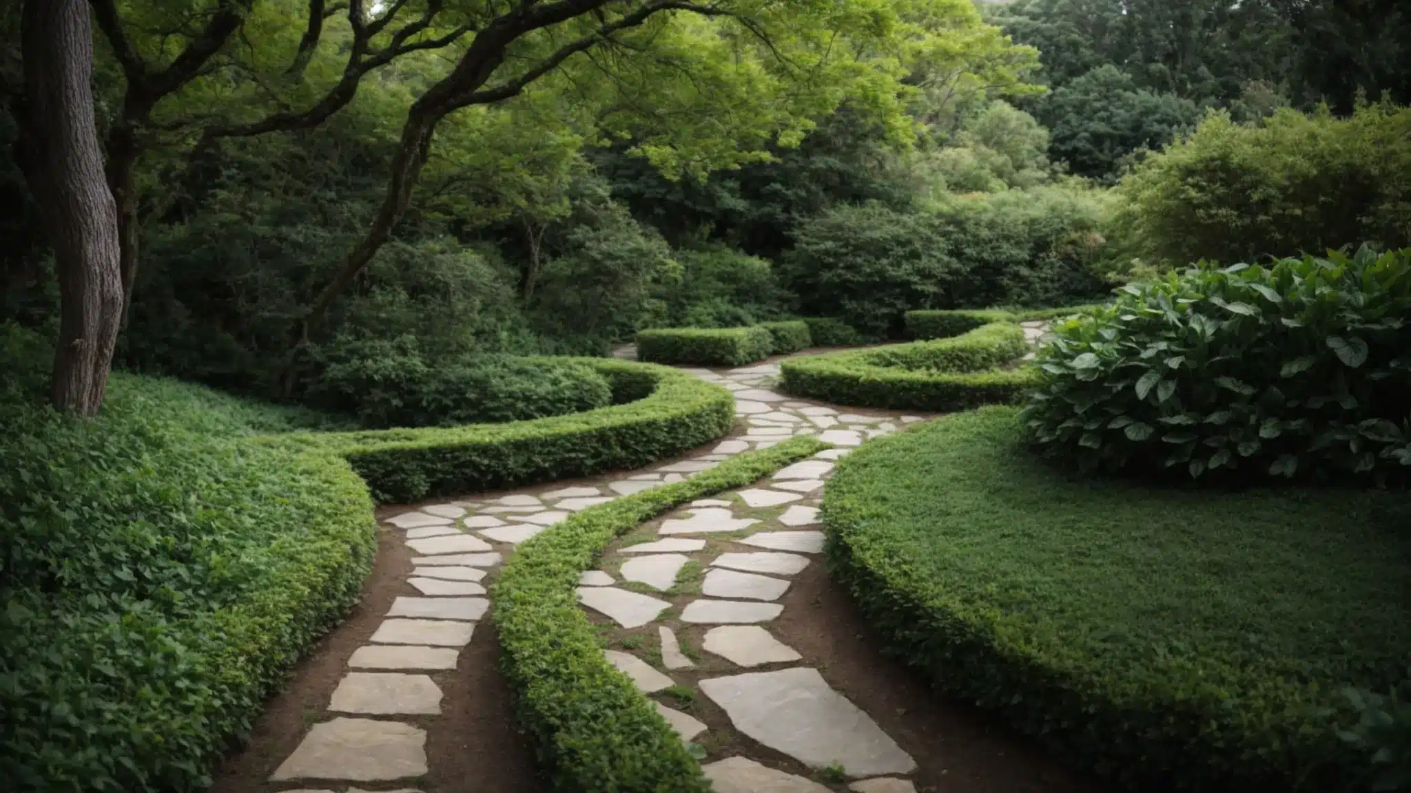 a winding path of irregular flagstones meanders through a lush garden, flanked by verdant bushes and tall trees.