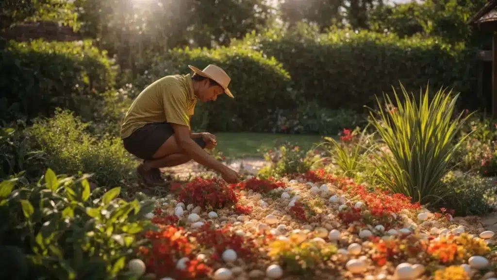 a gardener kneels beside a lush garden bed, sprinkling crushed eggshells around vibrant plants under the bright summer sun.
