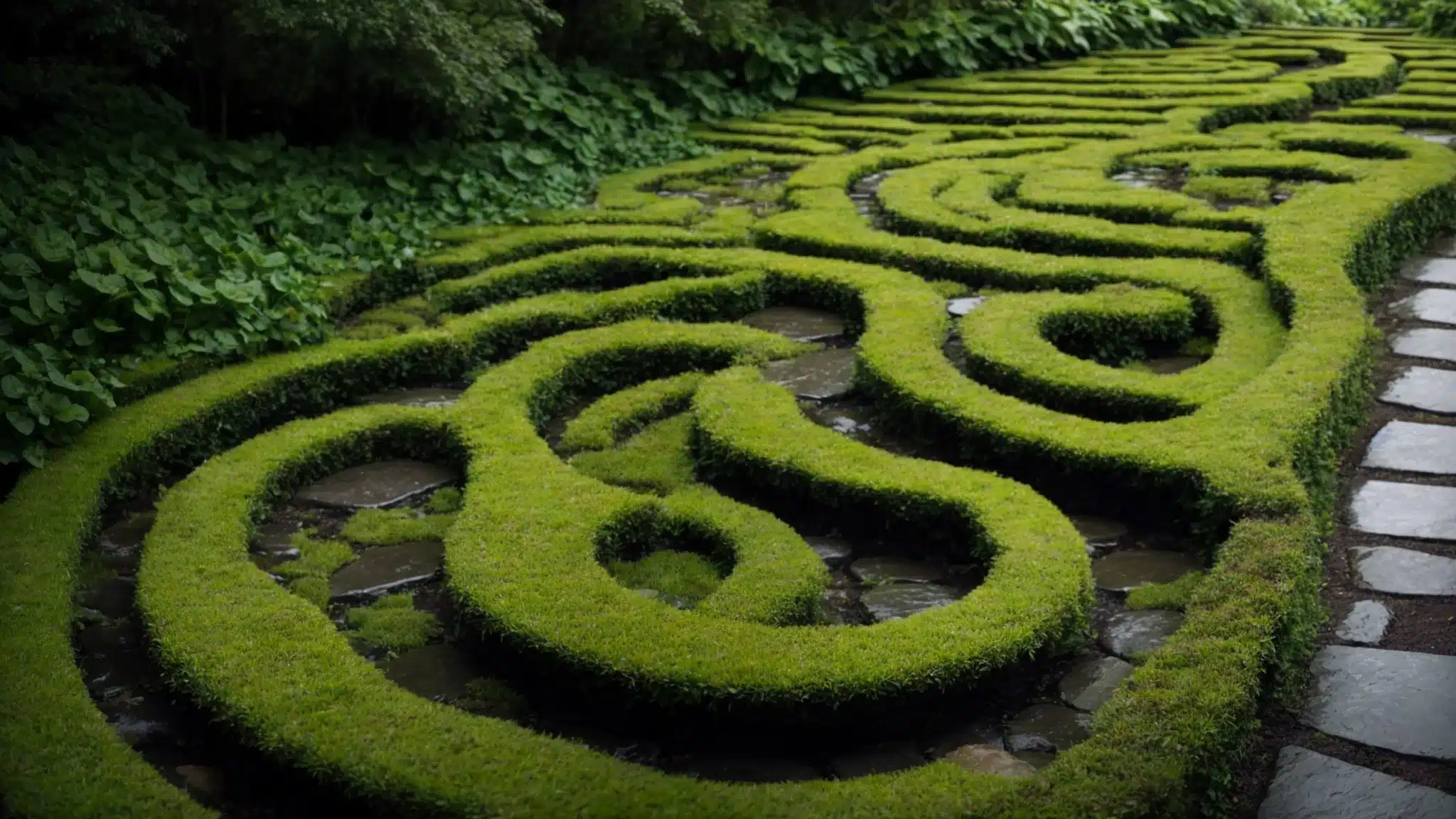 a winding garden path combines elegant slate stepping stones with vibrant green moss, creating a captivating contrast beneath the canopy of a lush garden.