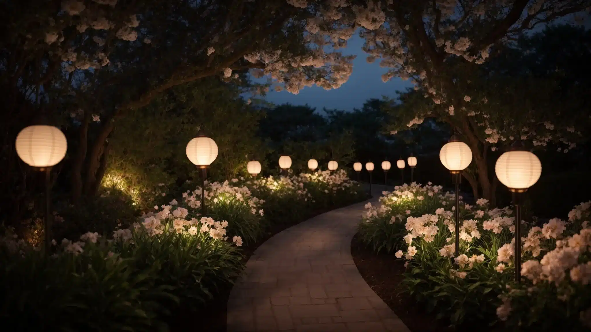 a winding garden path lined with glowing lanterns beneath a crescent moon, casting a soft light over the blooming flora.