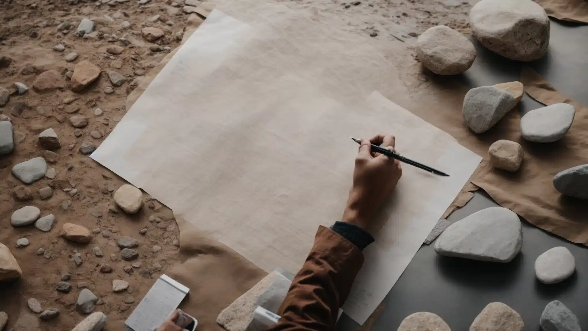 a person sketches a walkway design on a paper laid on a table, surrounded by various walkway material samples like stones and mulch.