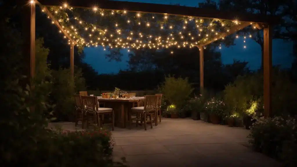 twinkling lights drape over a patio, blending harmoniously with the garden's natural hues under a twilight sky.