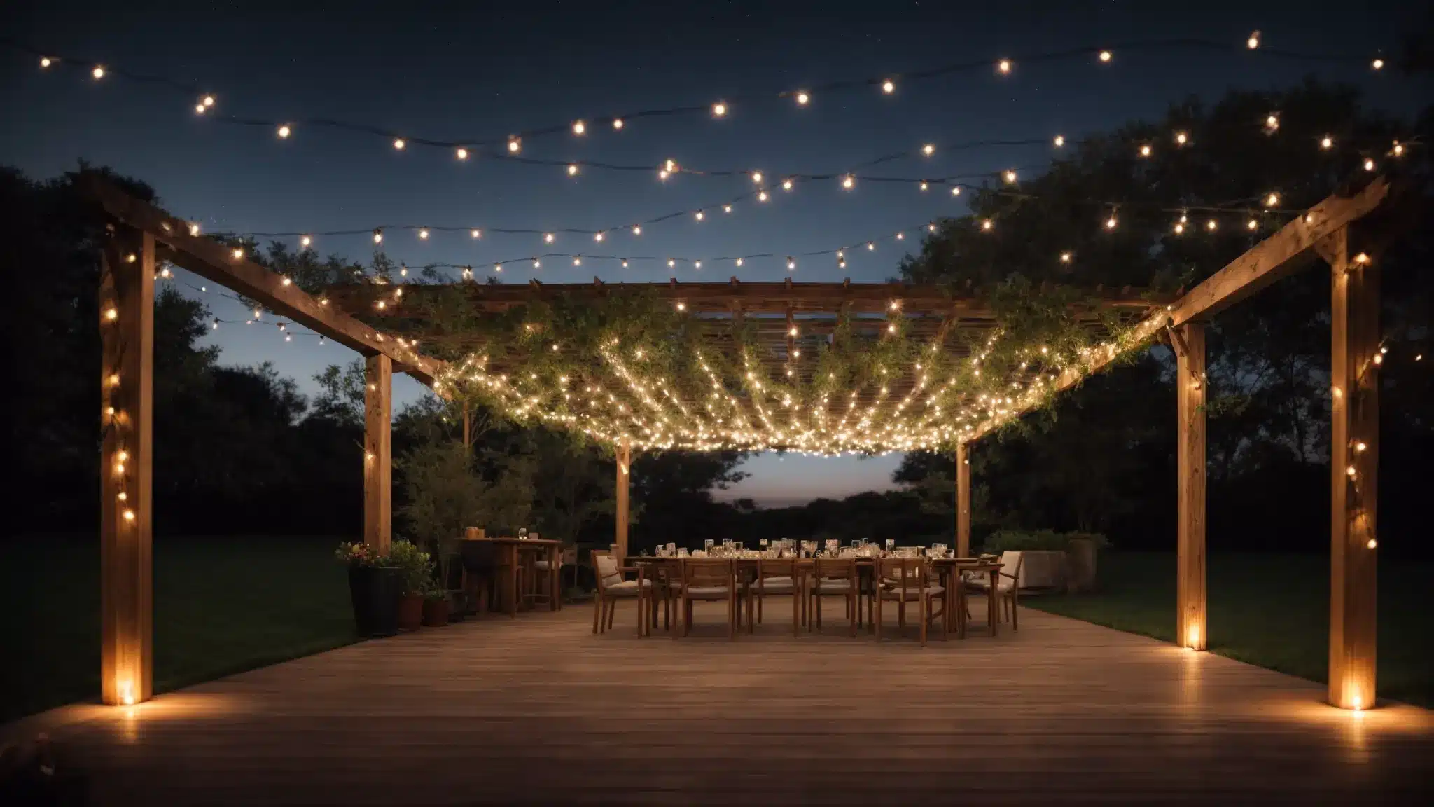 a pergola warmly lit by strands of fairy lights, casting a soft glow over an intimate outdoor dining setup beneath a starry sky.