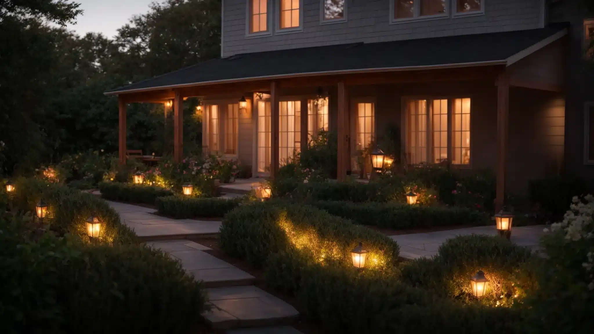 soft lights illuminate a porch and garden pathway, enhancing the copper accents of a house at dusk.