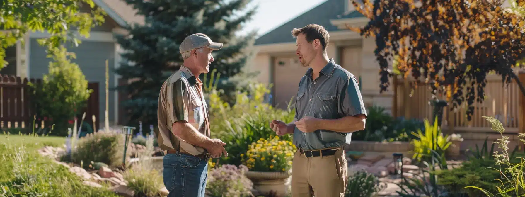 a professional landscaper discussing design ideas with a homeowner in their yard.