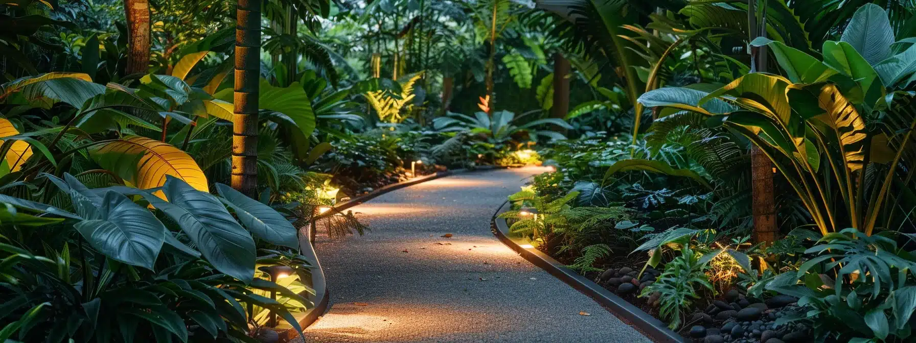 a beautifully designed and durable pathway leading through a lush garden with stylish borders and subtle lighting features.