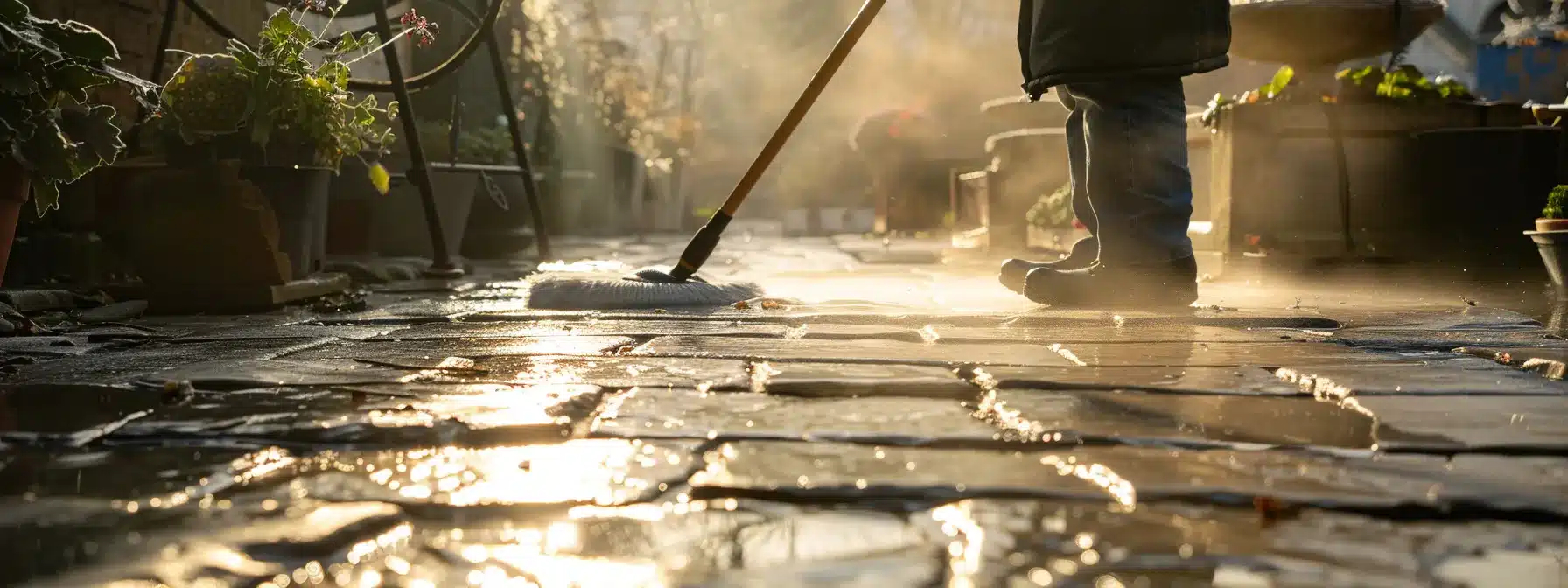 a person sweeping and washing a hardscaped walkway to prevent debris buildup.