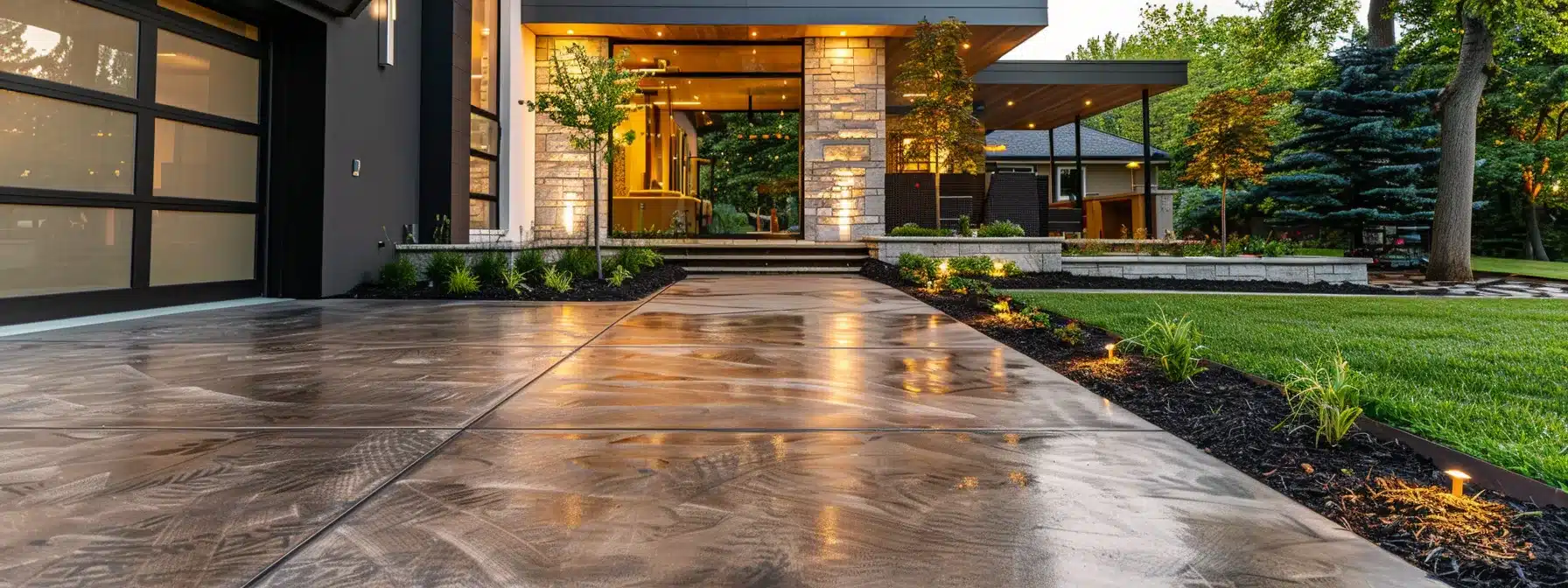 a beautifully designed walkway made of stamped concrete leading up to a modern home with clean lines and sleek finishes.