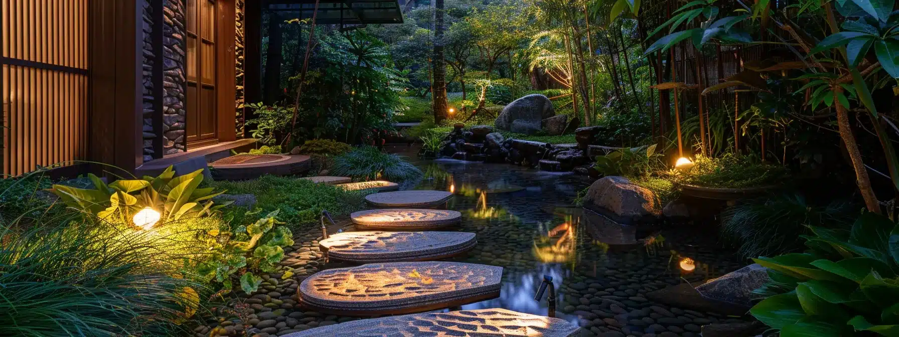 a tranquil pathway with stepping stones leading through a garden featuring a small stream and illuminated walkways.