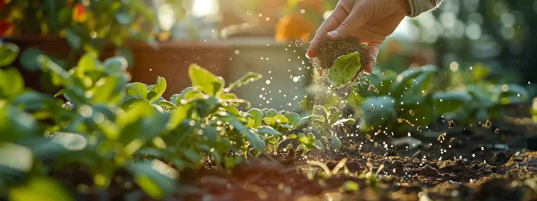 a person sprinkling nutrient-rich compost onto a vibrant garden bed.