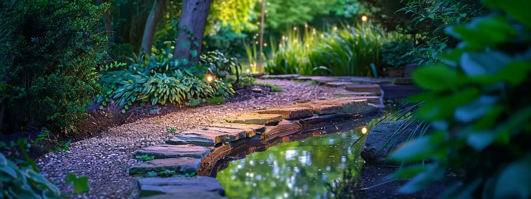 a beautifully lit garden pathway with masonry borders leading to a serene pond.