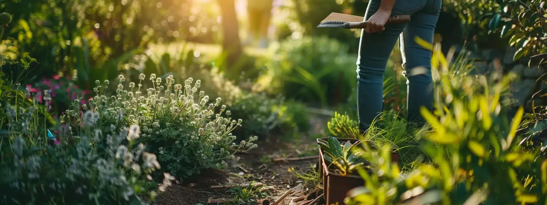 a person standing in a garden, carefully mapping out plant placements with various gardening tools in hand.