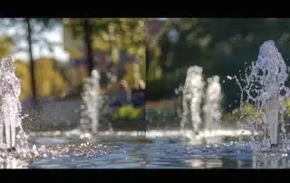 a person comparing different fountain filters next to a variety of water fountains.