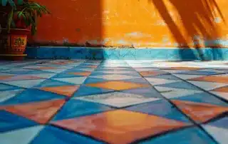 a geometric patio with vibrant blue and orange tiles.