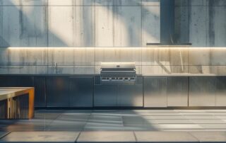 a sleek, modern outdoor kitchen showcases elegant stainless steel appliances and minimalist design elements, perfectly set against the backdrop of a stylish urban patio, illustrating the sophistication and practicality of contemporary outdoor living spaces.