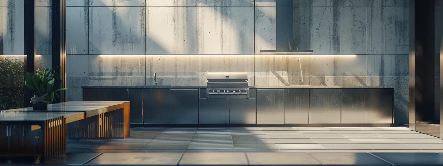 a sleek, modern outdoor kitchen showcases elegant stainless steel appliances and minimalist design elements, perfectly set against the backdrop of a stylish urban patio, illustrating the sophistication and practicality of contemporary outdoor living spaces.