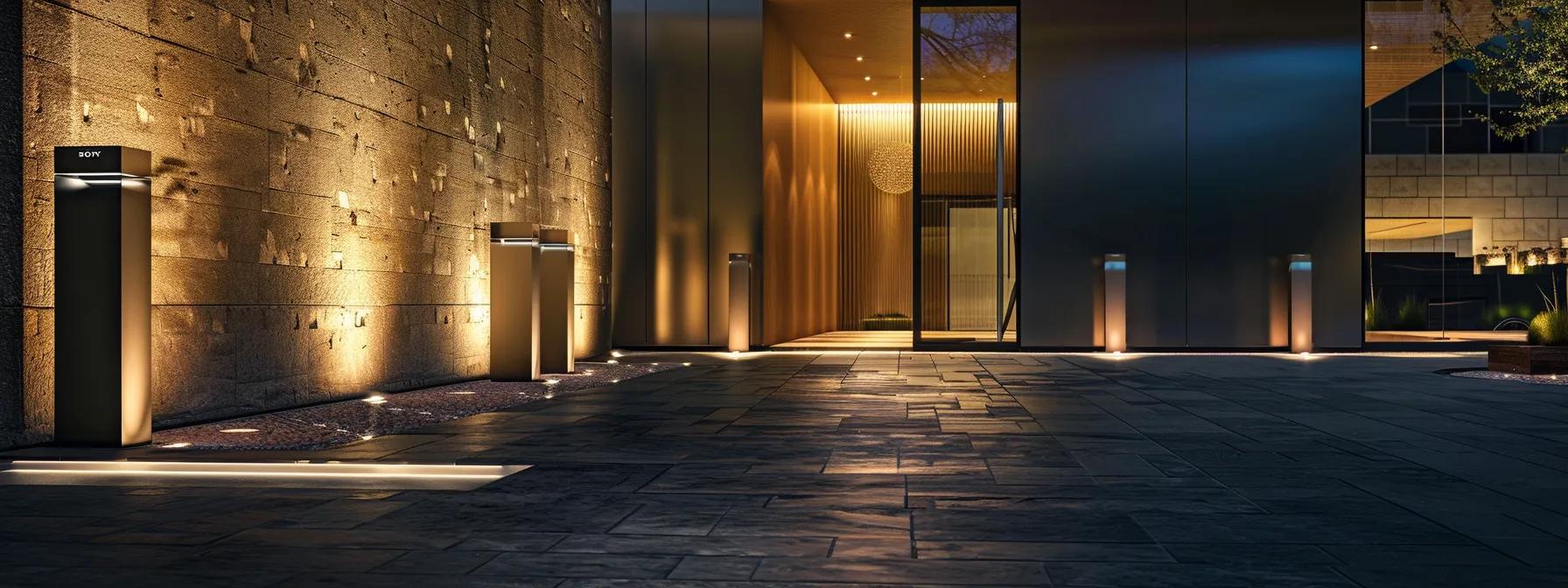 a modern driveway illuminated by sleek, decorative lighting fixtures casts a warm glow against a contemporary urban backdrop, emphasizing the elegance of architectural design learning.