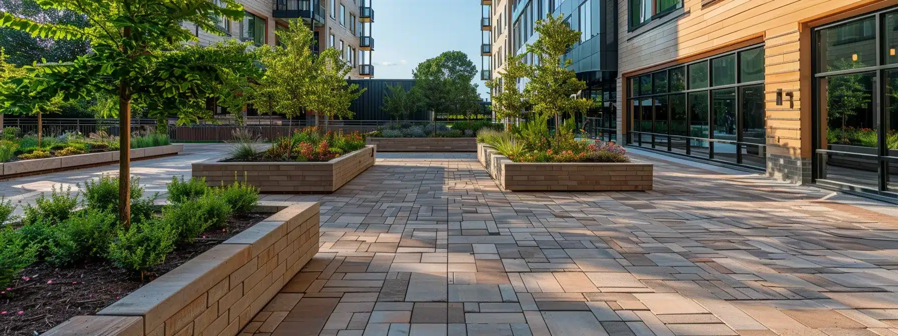 a modern urban courtyard showcases striking eco-friendly hardscape materials, featuring sleek pavers and innovative stone structures that blend seamlessly with contemporary architecture.