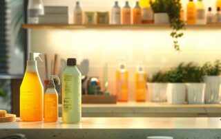 a modern, sleek kitchen countertop displays a range of eco-friendly brick cleaning products in stylish, reusable packaging, illuminated by soft artificial lighting that enhances their vibrant colors.