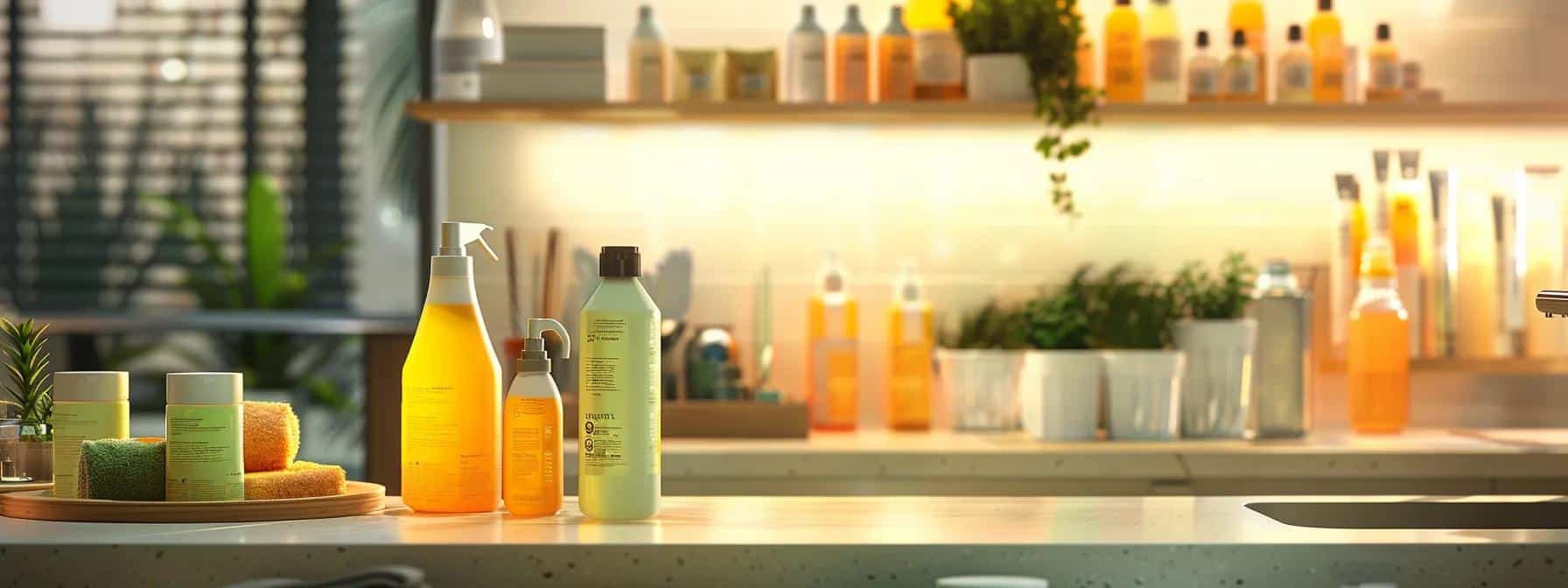 a modern, sleek kitchen countertop displays a range of eco-friendly brick cleaning products in stylish, reusable packaging, illuminated by soft artificial lighting that enhances their vibrant colors.