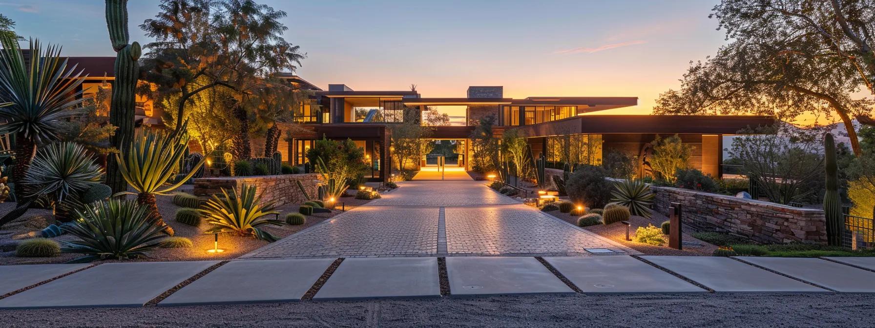 a modern, elegantly designed entryway showcases a stunning illuminated driveway, featuring sleek path lights and artistic landscaping that enhances the ambiance of the evening setting.