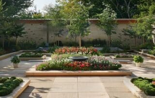 an elegantly arranged garden layout, featuring a harmonious blend of geometric flower beds, carefully placed pathways, and thoughtfully designed seating areas, showcased in a contemporary urban landscape.