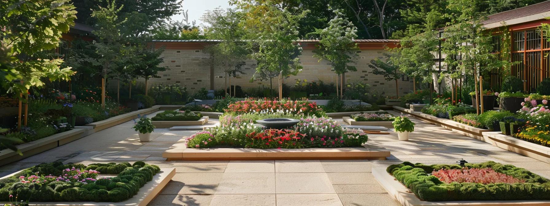an elegantly arranged garden layout, featuring a harmonious blend of geometric flower beds, carefully placed pathways, and thoughtfully designed seating areas, showcased in a contemporary urban landscape.
