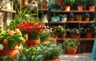 a modern urban garden space showcases a vibrant array of colorful plants and well-maintained flowers, with sleek gardening tools and vibrant pots arranged thoughtfully, reflecting a professional and inviting atmosphere for gardening services.