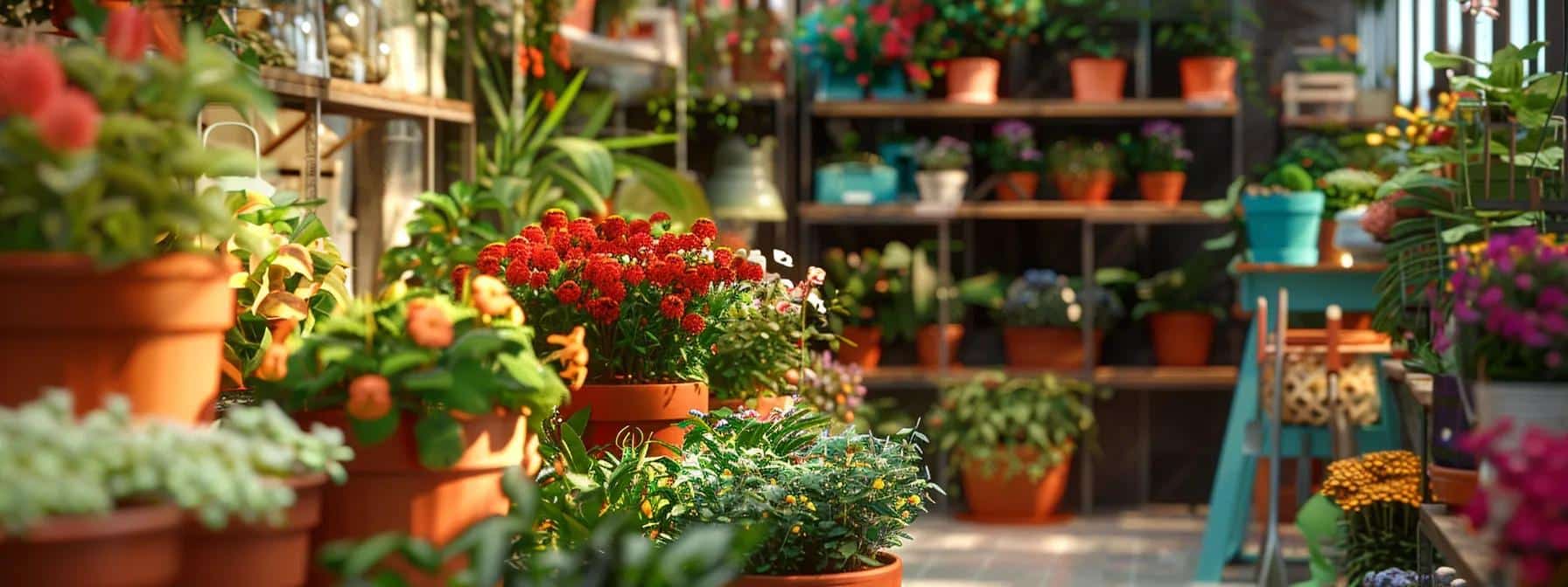 a modern urban garden space showcases a vibrant array of colorful plants and well-maintained flowers, with sleek gardening tools and vibrant pots arranged thoughtfully, reflecting a professional and inviting atmosphere for gardening services.