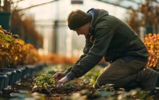 a close-up of a skilled gardener kneeling in a modern plant nursery, carefully measuring the optimal planting depth of a vibrant prairie fire crabapple sapling, surrounded by rows of healthy trees under bright artificial lighting.