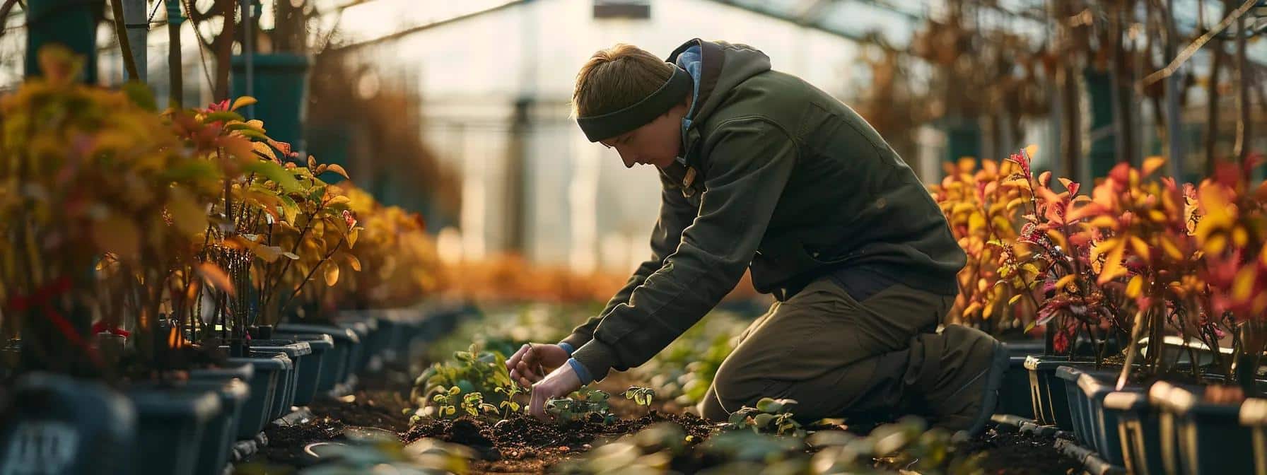 a close-up of a skilled gardener kneeling in a modern plant nursery, carefully measuring the optimal planting depth of a vibrant prairie fire crabapple sapling, surrounded by rows of healthy trees under bright artificial lighting.