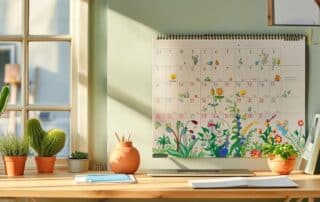 the scene captures a modern, efficiently arranged home office adorned with a large calendar prominently displaying a seasonal garden maintenance schedule, complete with vibrant images of flowers, tools, and gardening tasks, creating an inviting and organized atmosphere. the desk, crafted from light wood, is neatly organized with plant care books, a notepad with colorful diagrams, and a laptop, while a large window allows abundant natural light to flood the room, highlighting the cheerful color palette of soft greens, yellows, and whites. the composition features a close-up view, focusing on the calendar and tools in the foreground, with a slight bokeh effect on the background to emphasize the planning aspect of gardening. this scene embodies a sense of productivity and enthusiasm for home gardening, appealing to homeowners eager to enhance their outdoor spaces. the image is shot with a sony a6100 with a sony e pz 18-105mm f4 g oss lens, utilizing ai-driven autofocus capabilities to maintain crispness, captured from a slightly elevated angle at an aperture of f/4 to keep the main features in focus while allowing for a bright and airy lighting scheme that enhances the overall theme of organized gardening enthusiasm.