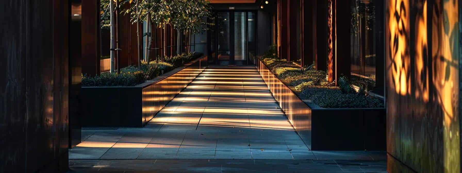 a sleek, modern urban pathway is framed by gleaming metal landscape edging, casting striking shadows under soft artificial lighting, highlighting its contemporary design.