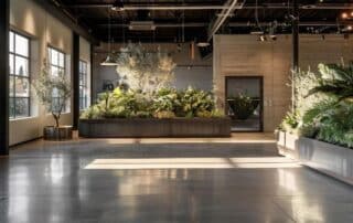 a sleek urban showroom showcases a variety of customizable metal border designs, each elegantly displayed against a modern backdrop of polished concrete and dramatic lighting, emphasizing their unique appeal for landscaping projects.