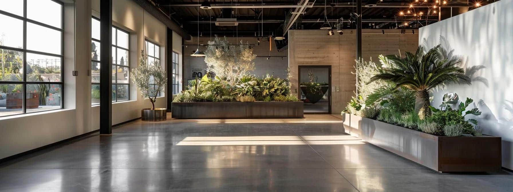 a sleek urban showroom showcases a variety of customizable metal border designs, each elegantly displayed against a modern backdrop of polished concrete and dramatic lighting, emphasizing their unique appeal for landscaping projects.