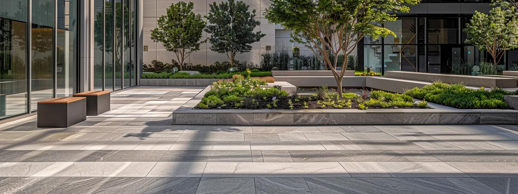 a sleek, contemporary urban plaza showcases essential modern hardscape design principles, featuring bold geometric patterns in stone paving and minimalist seating arrangements under striking architectural elements.