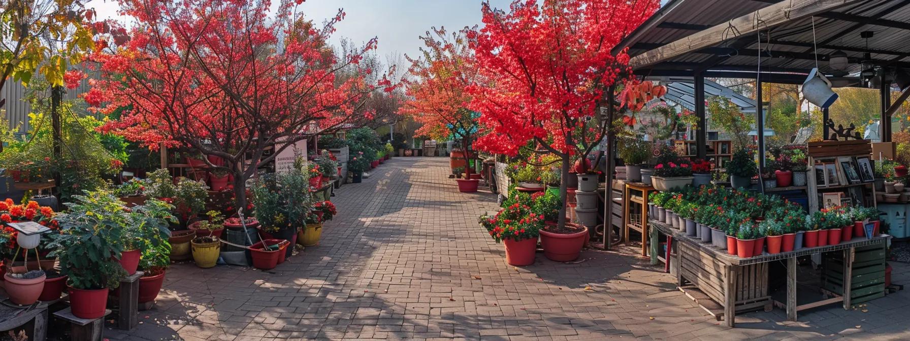 a well-organized urban garden center features vivid prairie fire crabapple trees, showcasing vibrant crimson foliage and an attentive gardener arranging essential care tools against a backdrop of neatly labeled care tip signage.